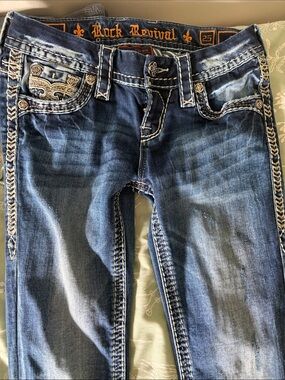 Rock Revival Women's Dark Blue Distressed Bootcut Jeans with Contrast Stitching